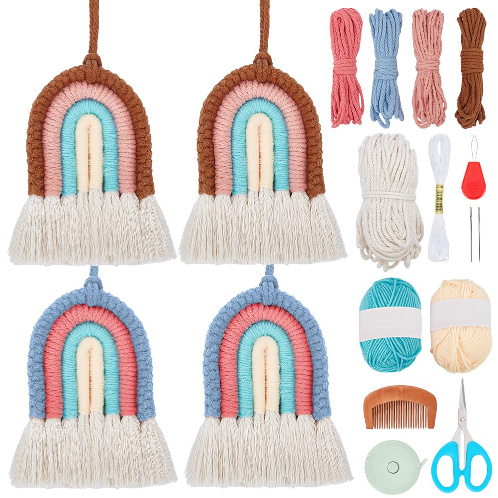 BEUNITONE 4 Set DIY Macrame Rainbow Wall Hanging kit for Adult Beginners Colorful Rainbow Macrame Kit for Wall Hanging DIY Rainbow Yarn Art Kits for Bedroom Decor DIY Crafts Scrapbook Knitting kit