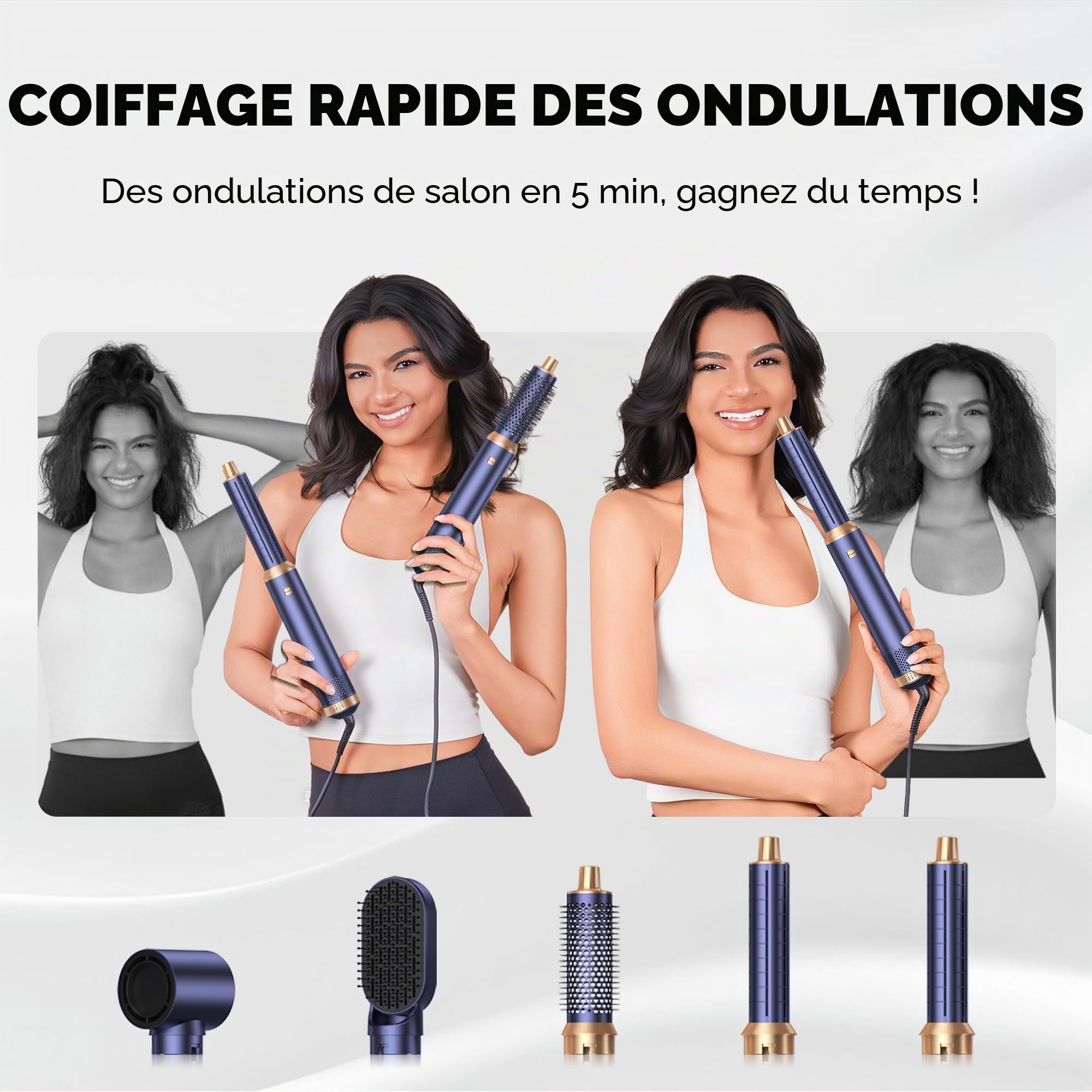 Mogawave Air Styler Airbrush 5 en 1,Seche Cheveux Pro Professionnel, Hair Styler avec Fer à Boucler à Air de 30 mm,Brosse Soufflante Ionique Pour Cheveux Bouclés et Lissés,Choix Cadeau