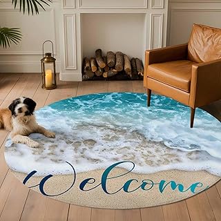 Round Rugs 8 Ft, Blue Ocean Non Slip Living Room Kitchen Bathroom Rugs, Yellow Beach Coastal Nature Text Painting Washable Area Rug for Bedroom Dorm Hallway, Indoor/Outdoor Carpet