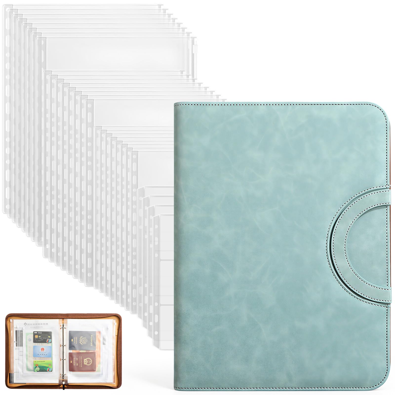 A4 Portfolio Folder with Ring Binder, PU Leather Certificate Folder with 28 Plastic Sleeves for A4 B5 A5, 3-Ring Document Folder with Index Stickers for Business Office, School Prenatal Checkup Book