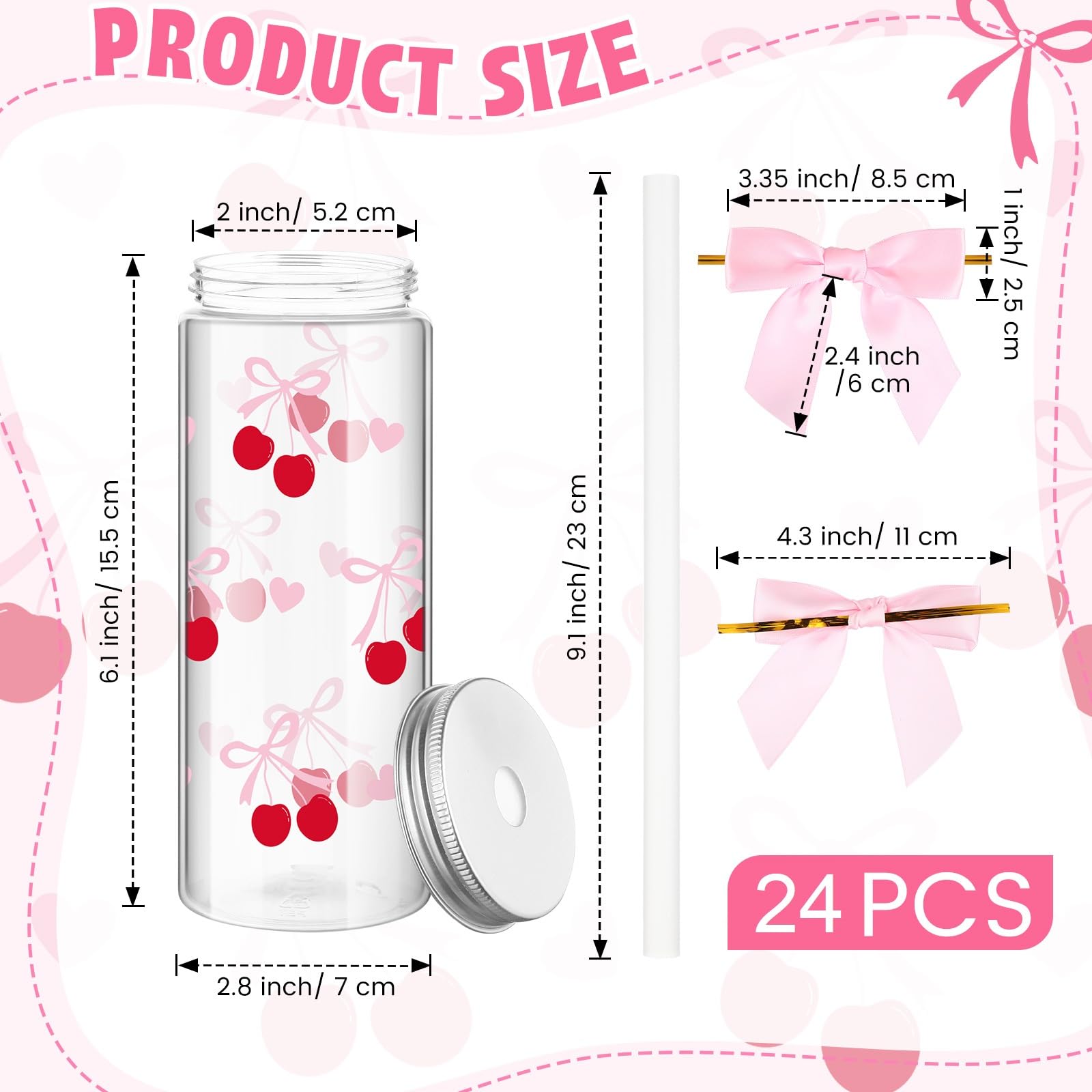 Skylety 24 Pcs Pink Bow Plastic Bottle with Straw Lid and Twist Bow Disposable Coquette Cherry Bow Bottles Cute Inspired Retro Reusable Bottles for Birthday Party Friend Women Drinkware