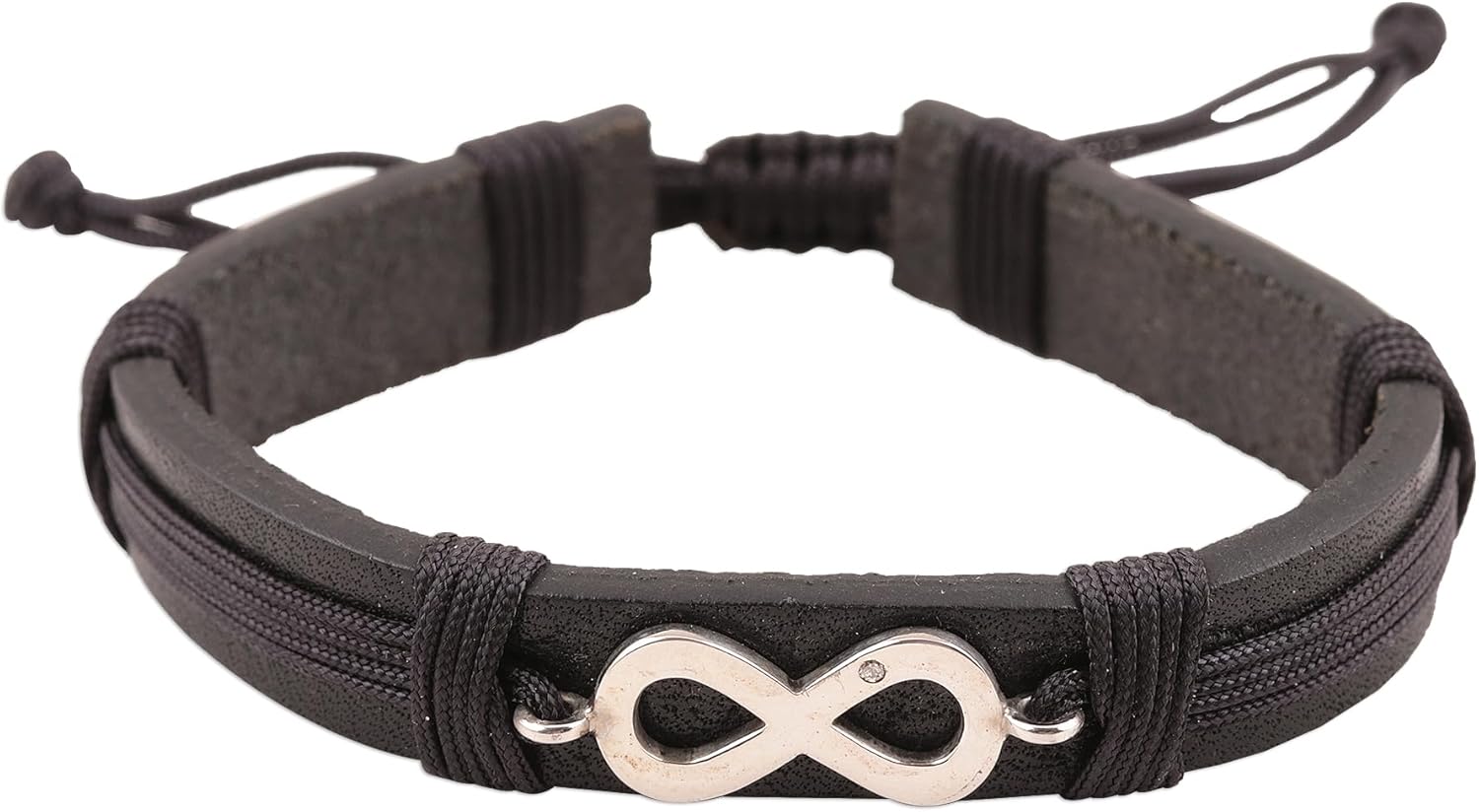 NOVICA Handmade Diamond Sterling Silver Infinity Wristband Bracelet Leather India Gemstone [7 in min L x 9.5 in max L x 0.4 in W] 'Infinity Sparkle'