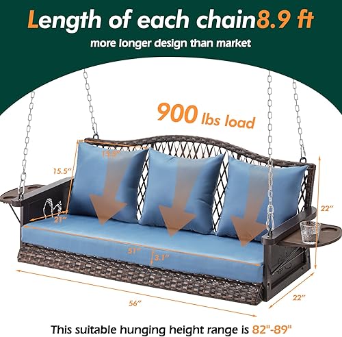Miniatura 7 de Columpio colgante de mimbre mejorado para porche, resistente de 900 libras, 3 asientos, para patio, para adultos, con cadenas colgantes de 8.9 pies,