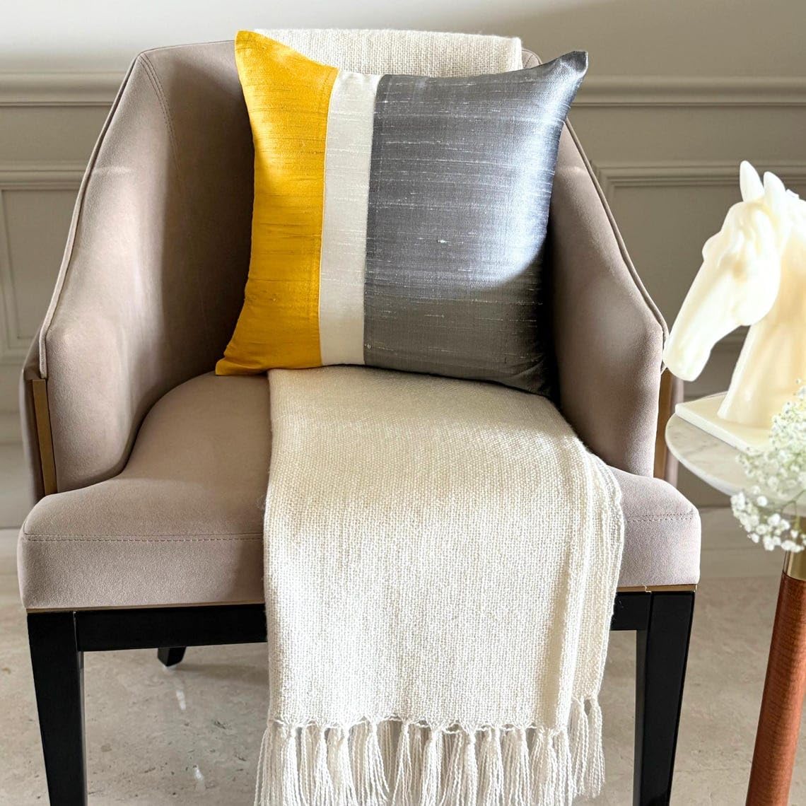 The HomeCentric Cushion Cover, Decorative Yellow & Grey 16"x16" (40x40 cm) Pillow Covers, Silk Color Block Patchwork Throw Pillows for Sofa, Patchwork Pattern Modern Easter - Splendour Yellow