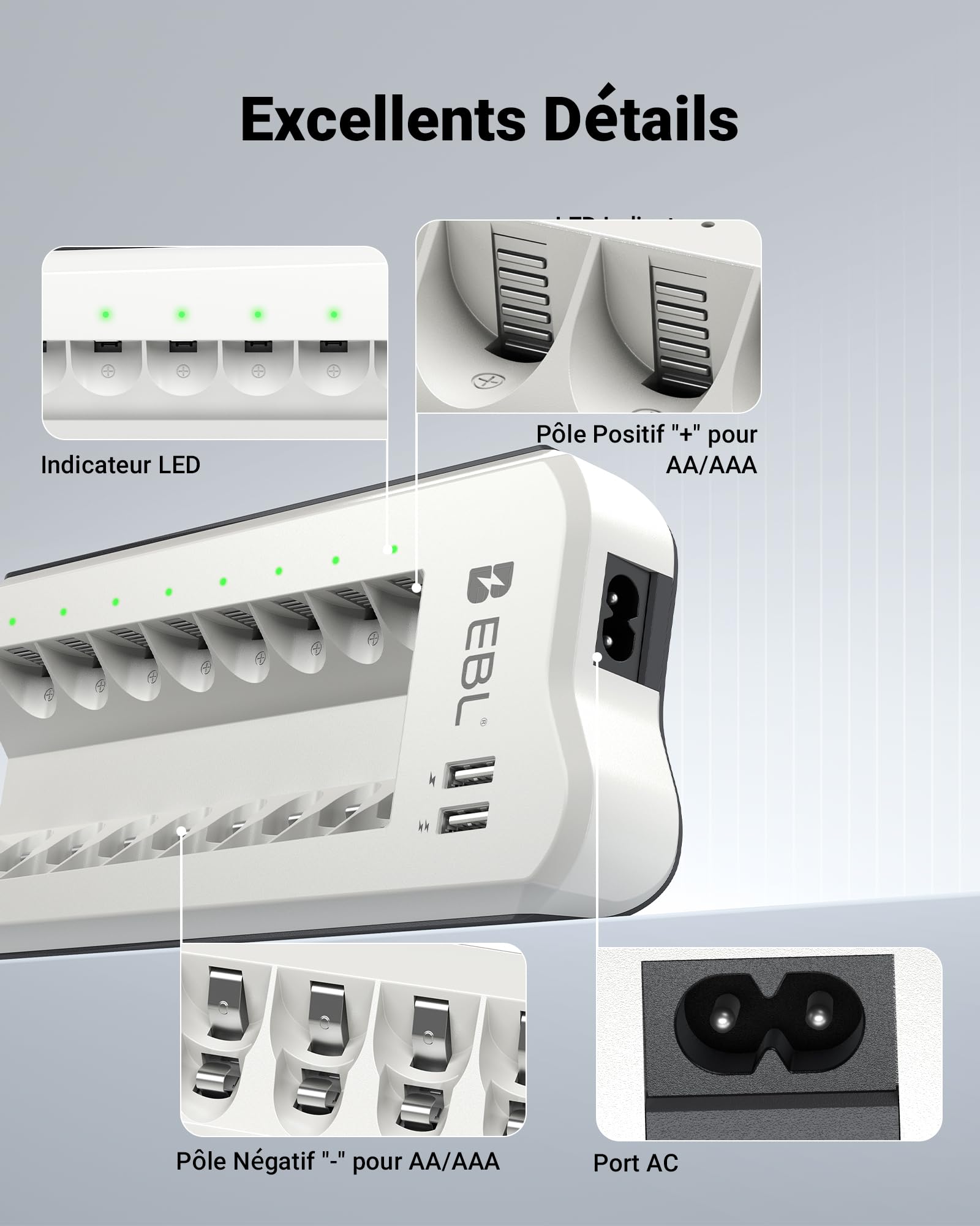 EBL Chargeur de Piles Rechargeables + 8PCS Piles AA Rechargeables Puissantes, avec 2 USB Ports pour Accus AA/AAA/Ni-MH et Smartphone, Tablette