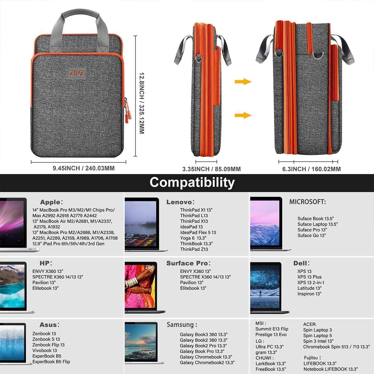 ZINZ Laptop Case 12.9 13 Shoulder Bag, Expandable Handbag with Valuables Compartment Compatible with MacBook Air/Pro/Neo 13" M5/M4/M3/M2/M1, iPad 12.9/13/11, Water-Resistant & Shockproof,L01G05