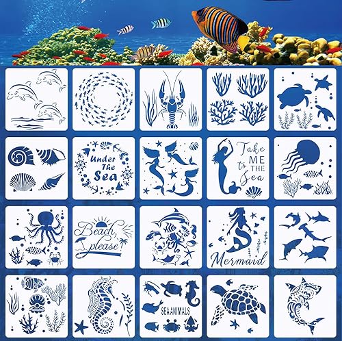 20 plantillas de criaturas de mar océano para pintar sobre madera de pared plantillas reutilizables de la vida marina del mar, pintura de animales