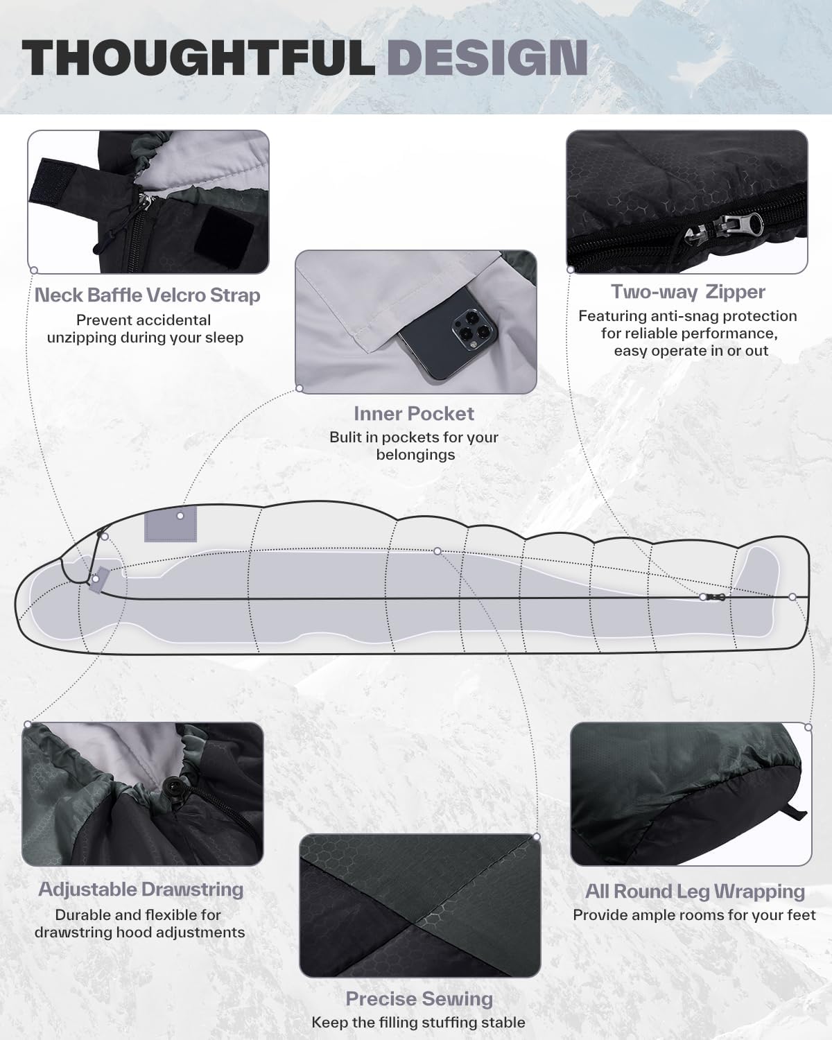 Mummy Sleeping Bag, Sportneer Compact Sleeping Bags for Adults Warm Weather Sleeping Bag Ultralight Sleeping Bag for Adult Teen Kids Backpacking Camping Hiking Outdoor Travel