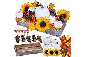 Winlyn Artificial Pumpkins and Maple Leaves in Whitewashed Wooden Box Centerpiece
