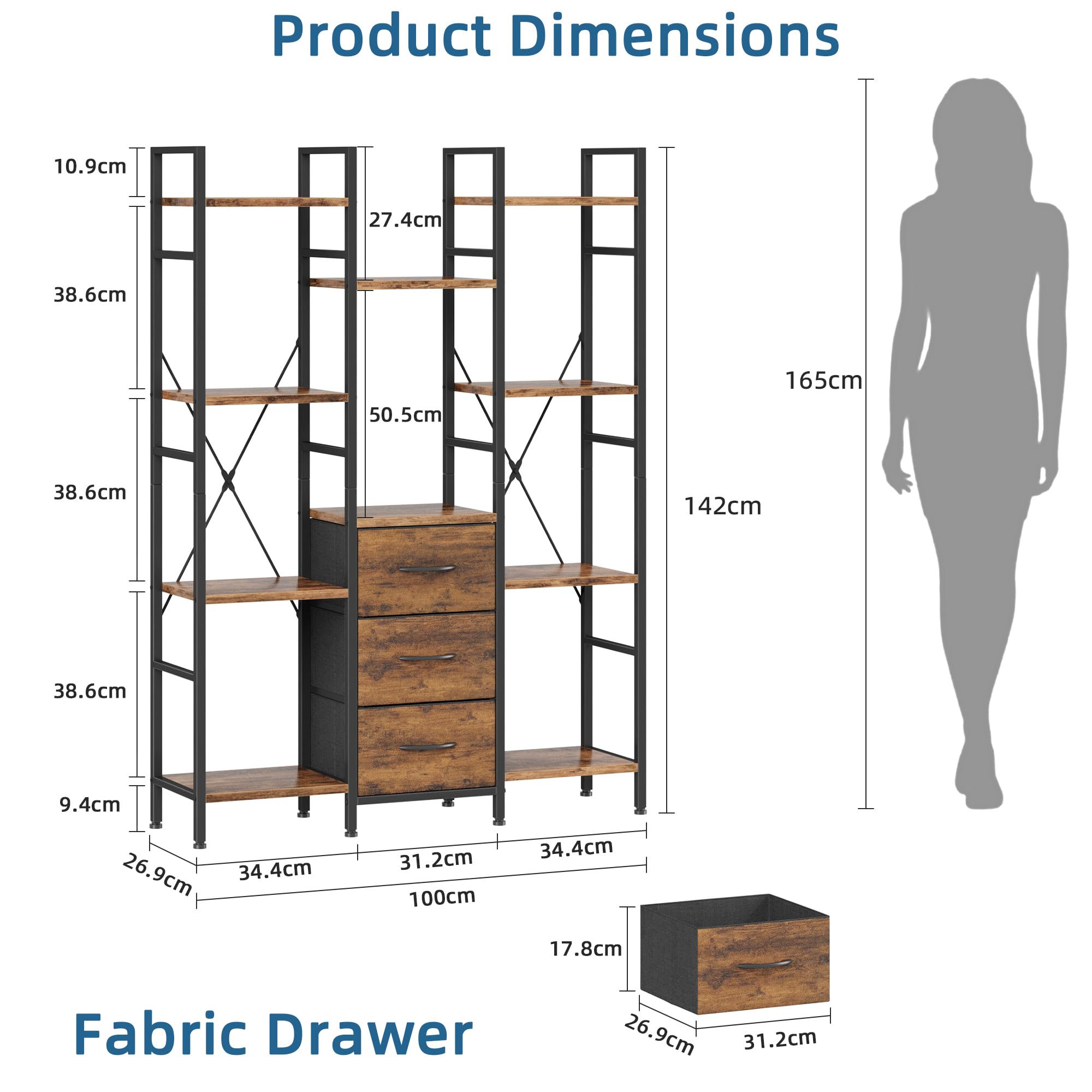 Bibliothèque Haute 100 L x 142 H cm avec 3 Tiroirs en Tissu, Étagère à 4 Niveaux, Grande Étagères de Rangement pour Salon, Bureau, Chambre à Coucher, Cuisine, étagères Ouvertes Bois Rustique