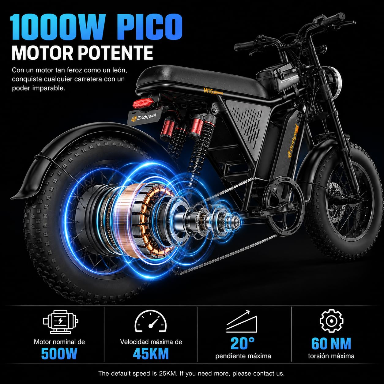 Bodywel Bicicleta Eléctrica de Carretera Adultos, M16Pro 16x4.0” Bicis Electricas de Montaña, Ebike con Batería 48V 15Ah, Motor 250W, 80 km Autonomía (Pas), Pantalla LCD, Suspensión Completa