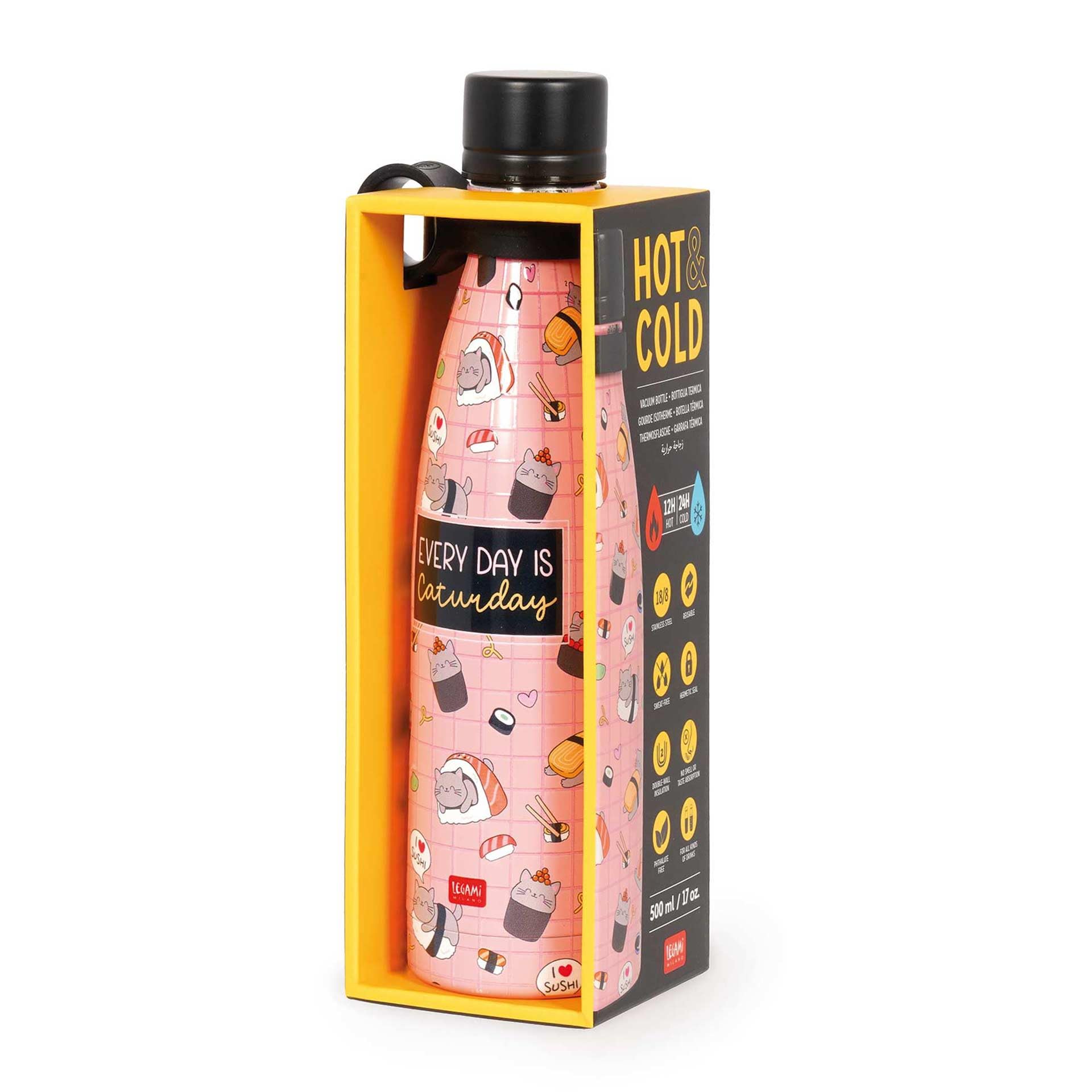 Legami - Bottiglia Termica Hot&Cold, Sushi Cat, 500 ml, Chiusura ermetica, 12 Ore Bevande calde 24 Ore fredde, Manico in Silicone rimovibile, in Acciaio inox, senza BPA