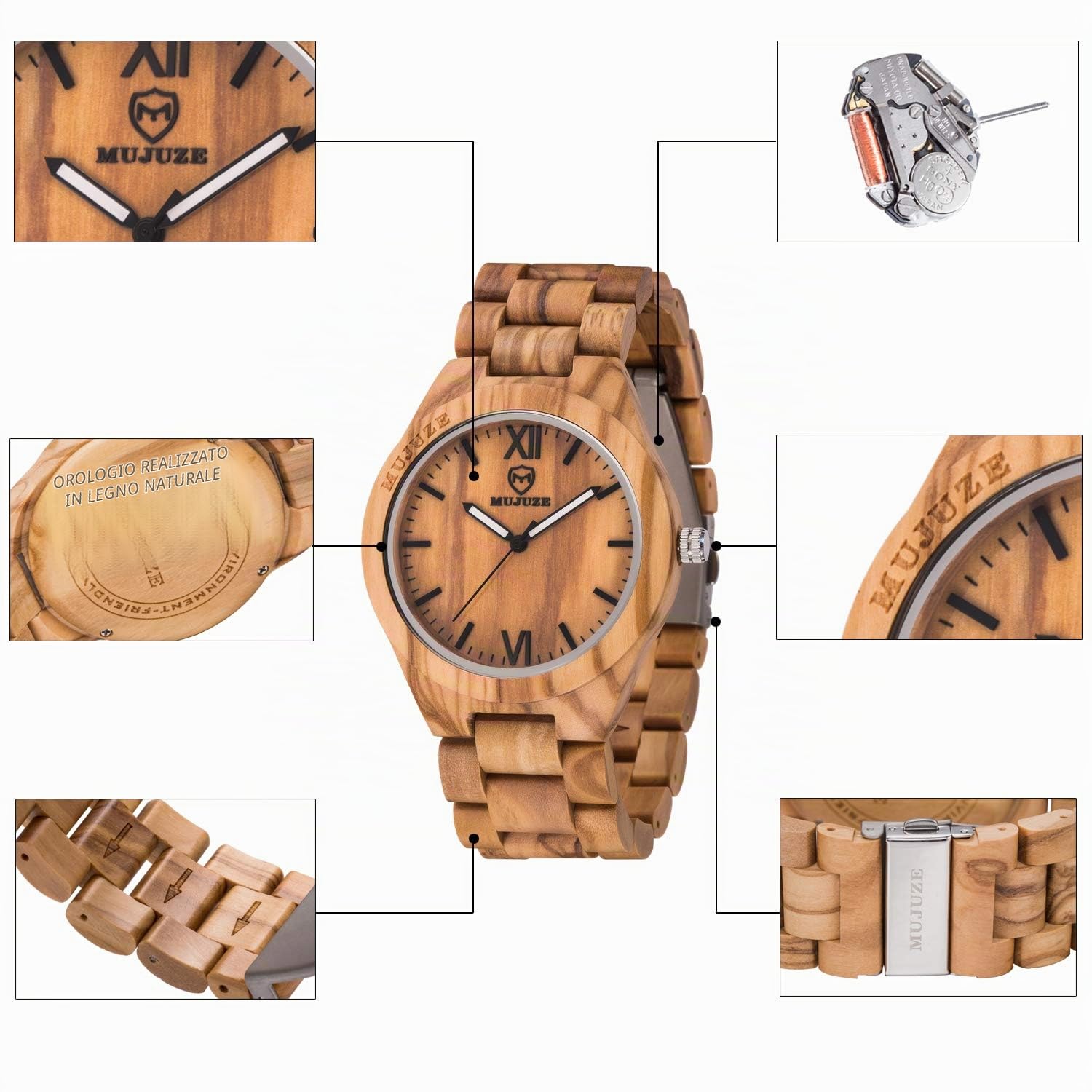 MUJUZE Orologio da Polso in Legno Uomo Donna, Orologio da Polso Al Quarzo Analogico Leggero Fatto a Mano Naturale Con Puntatore Luminoso