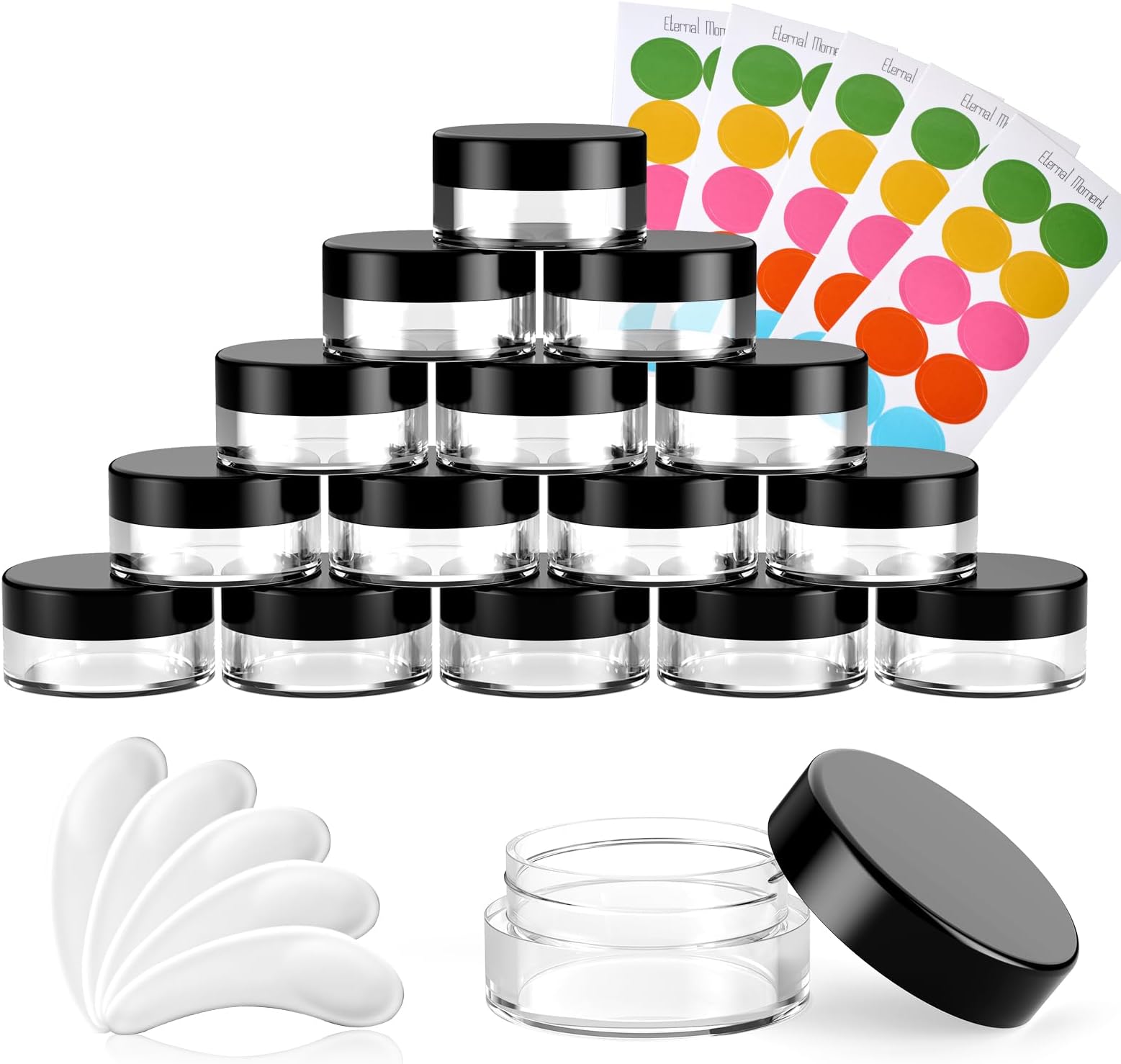 50 Pack 3 Gram Sample Containers with Lids, Small Plastic Cosmetic Jars, Makeup Travel Container Jar for Cream, Bead, Eye Shadow, Jewelry, Lotions, Powders, Glitters Lip Gloss with Labels,Spatulas