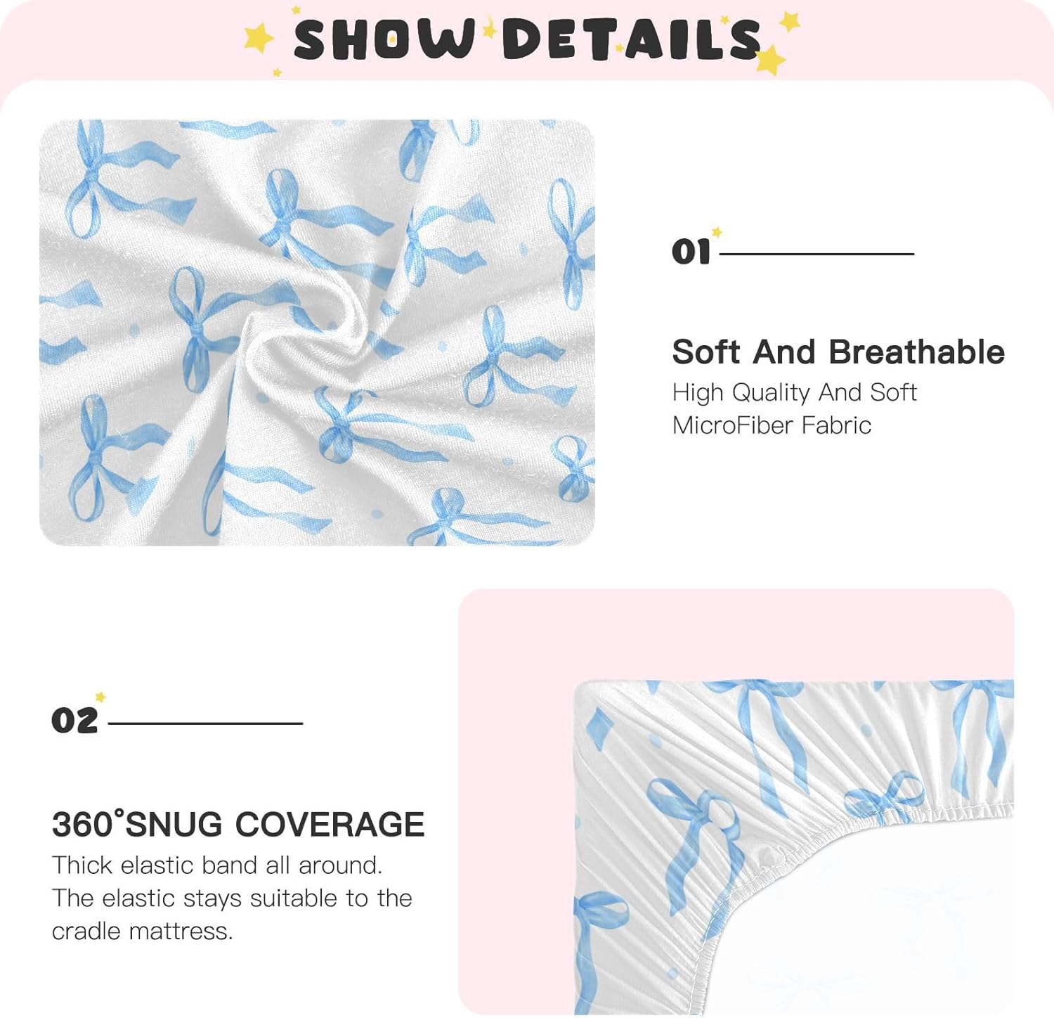 Coquette Blue Bow Watercolor Fitted Crib Sheets Stretchy Portable Playard Sheets for Baby Toddler, Breathable Soft Mini Crib Mattress 52 x 28 in for Boys and Girls