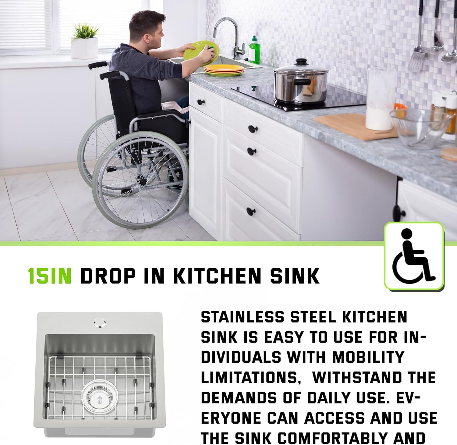 15x15 Inch Stainless Steel Small Kitchen Sink-5.5 Inch Low Height Design Single Bowl Drop In Topmount Small Kitchen And Bar Sink Ensure Individuals With Limited Mobility Easily Accessing And Using