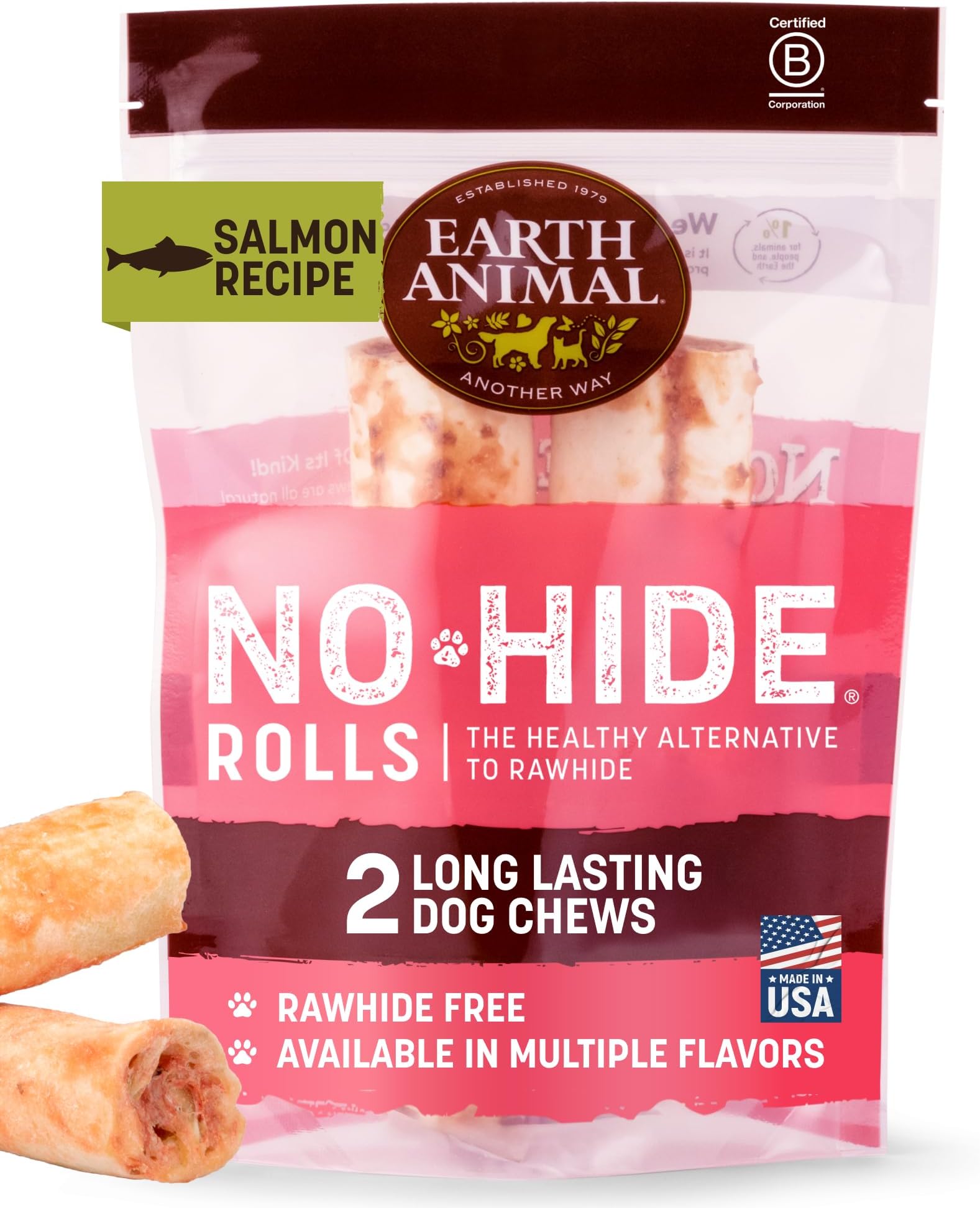 Earth Animal No Hide Chews - Long Lasting Rawhide Free Medium Dog Chews Rolls, Salmon - 2 Count