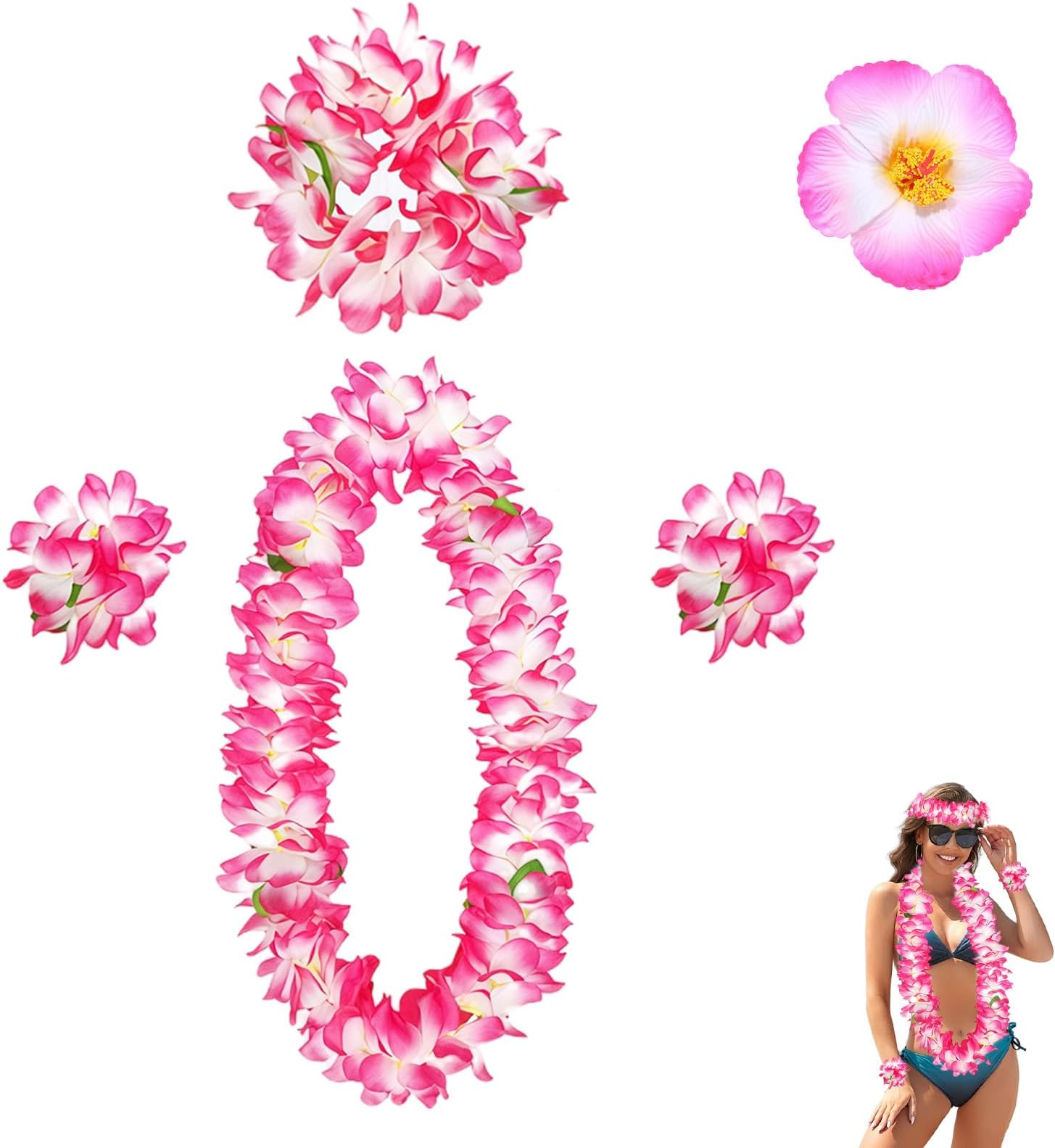Pack of 5 Hawaii Flower Necklace, Flower Hair Accessories, Hawaii Chain Flower Set, with Hair Band, Headband, Bracelets, Hair Clips, Costume Women's Accessories, for Hawaii Beach Party