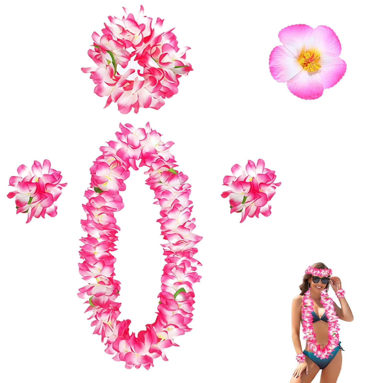 Pack of 5 Hawaii Flower Necklace, Flower Hair Accessories, Hawaii Chain Flower Set, with Hair Band, Headband, Bracelets, Hair Clips, Costume Women's Accessories, for Hawaii Beach Party