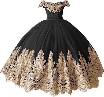 XYAYE Off Shoulder Flower Girl Dresses for Wedding Gold Lace Beaded Dress | Off Shoulder Mini Flap Sleeve Quince Gown, Gold Scroll Lace, Satin Lining, Glitter Tulle Scalloped Hem Skirt