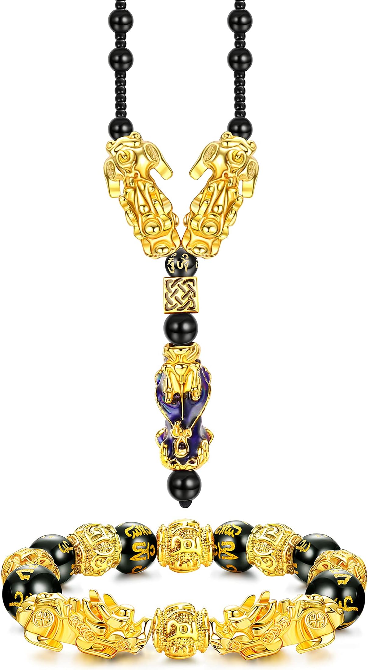 Ubjuliwa Feng Shui Bracelet Necklace Set Pi Xiu Bracelet Real Black Obsidian Wealth Bracelet for Women Men Good Luck Jewelry Elastic Adjustable