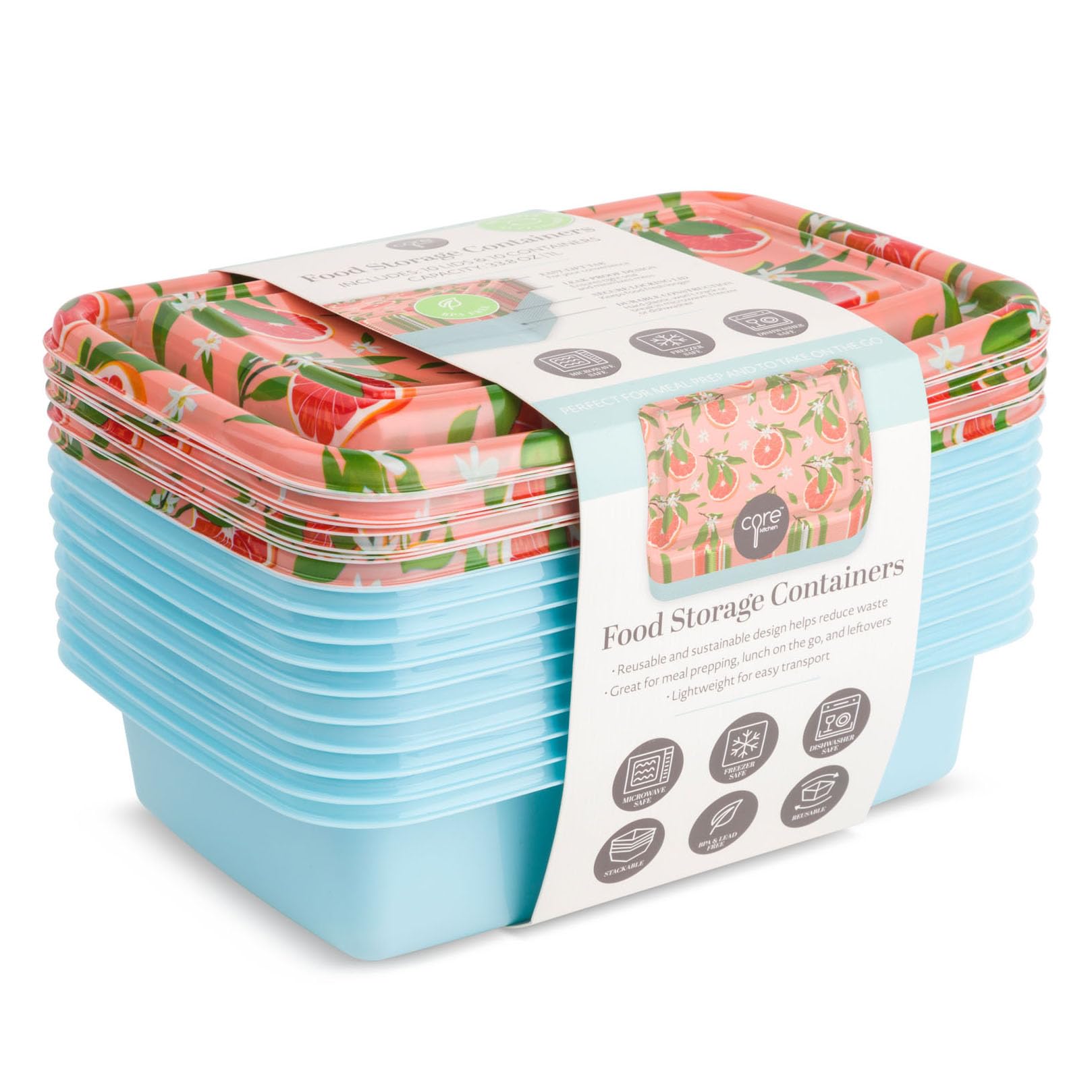 CORE HOMERuby Grapefruit 33.8 Ounce Capacity, Food-Grade Safe BPA-Free Plastic Reusable Meal Prep Food Storage Containers, 10 Pack, 44794