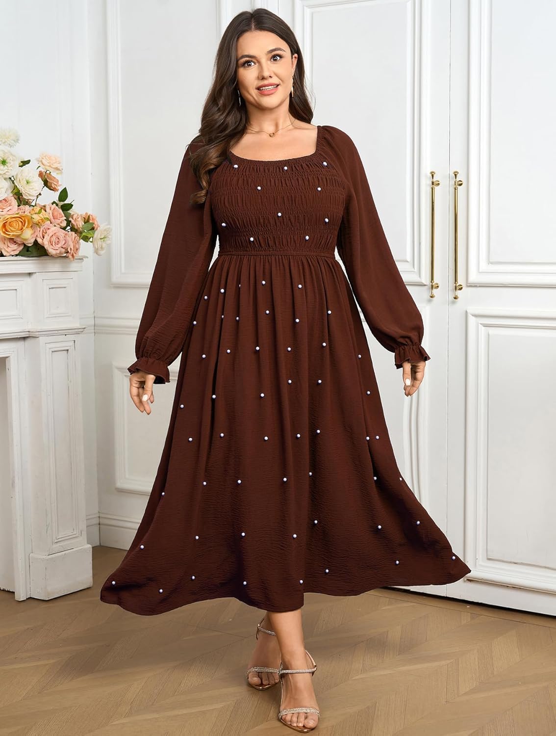 SCOMCHIC Women's Plus Size Maxi Dress Long Sleeve Pearl Square Neck Flowy A Line Wedding Guest Dresses - Image 3
