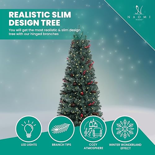 Miniatura 45 de Naomi Home Árbol de Navidad nórdico de 7.5 pies con luces, árbol de Navidad realista y encantador preiluminado con 1266 puntas de rama, 700 luces
