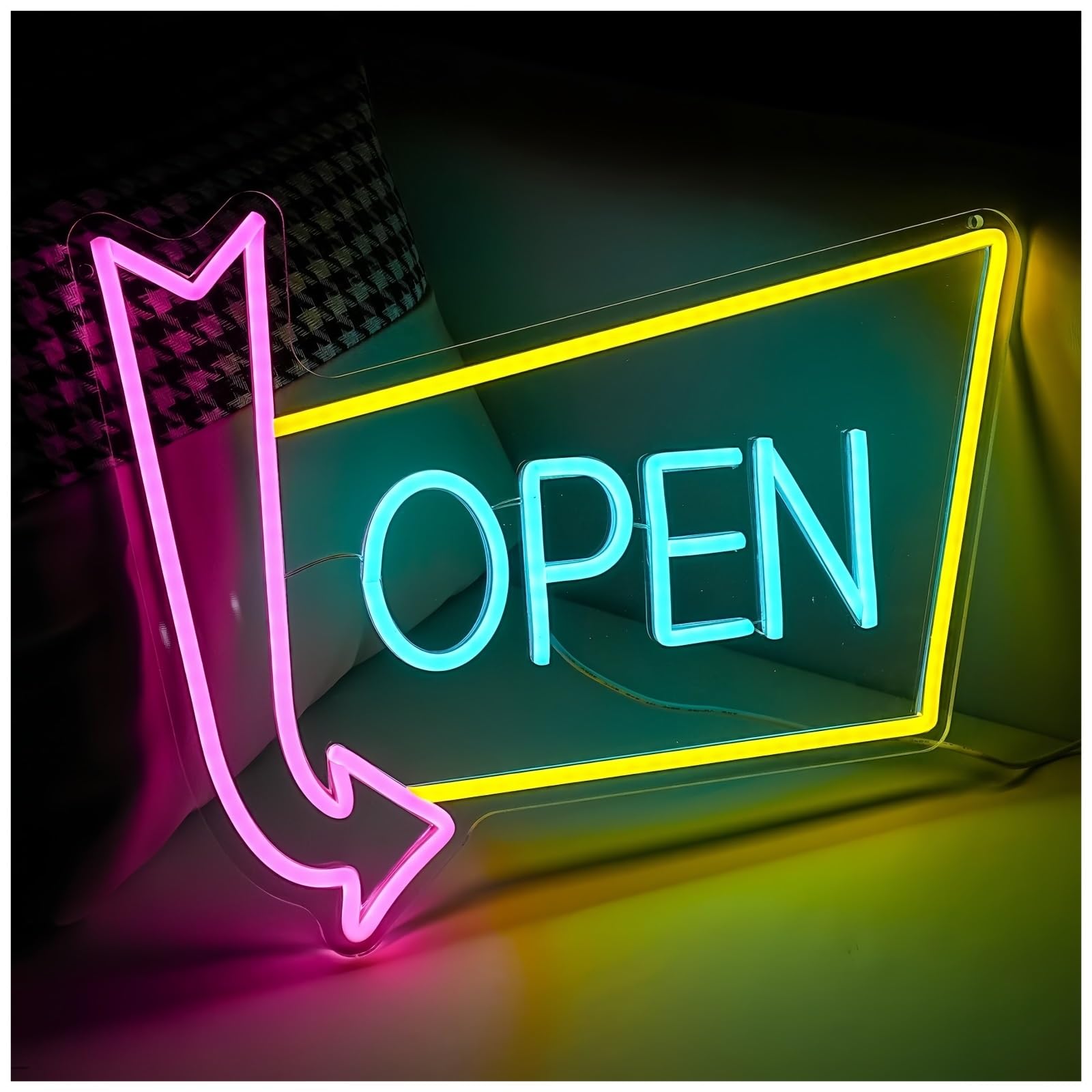 lampe au néon Enseigne au néon ouverte avec flèche, panneau LED à intensité variable, décoration murale pour magasin, Bar, hôtel