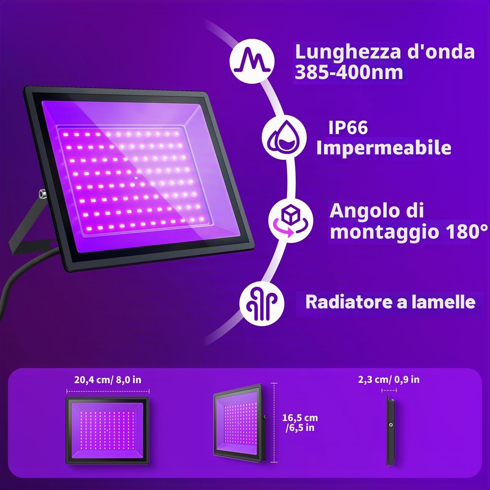 100W Proiettore a Luce Nera，IP66, 395-400nm | Robusto, impermeabile, versatile – eventi, palchi, feste, body art. Halloween e Natale. (2 pezzi)
