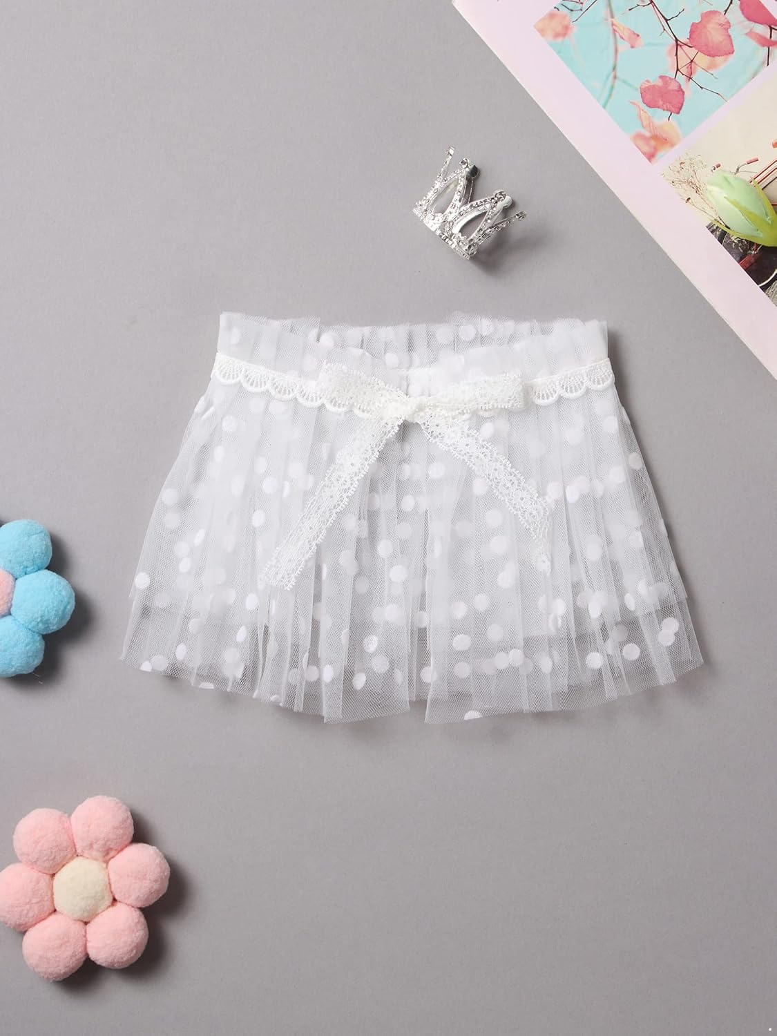 Newborn Baby Girls Photography Mesh Skirt Polka Dots Print Straps Lace-up Skirt and Crown Sets