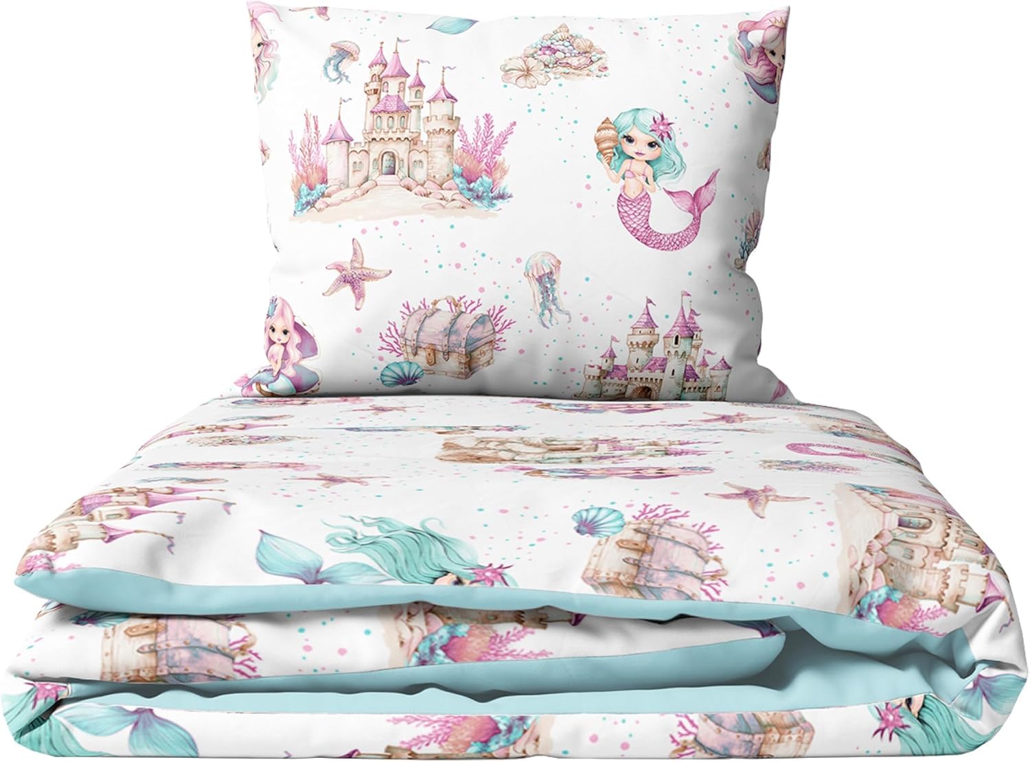 Parure de lit 5 pièces bébé sirène avec housse couette et drap jersey 95x65