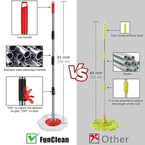Miniatura 4 de FunClean - Juego de trapeador giratorio de 360 y cubo con escurridor, 4 cabezales de microfibra adicionales, mango extendido de 61 pulgadas para una