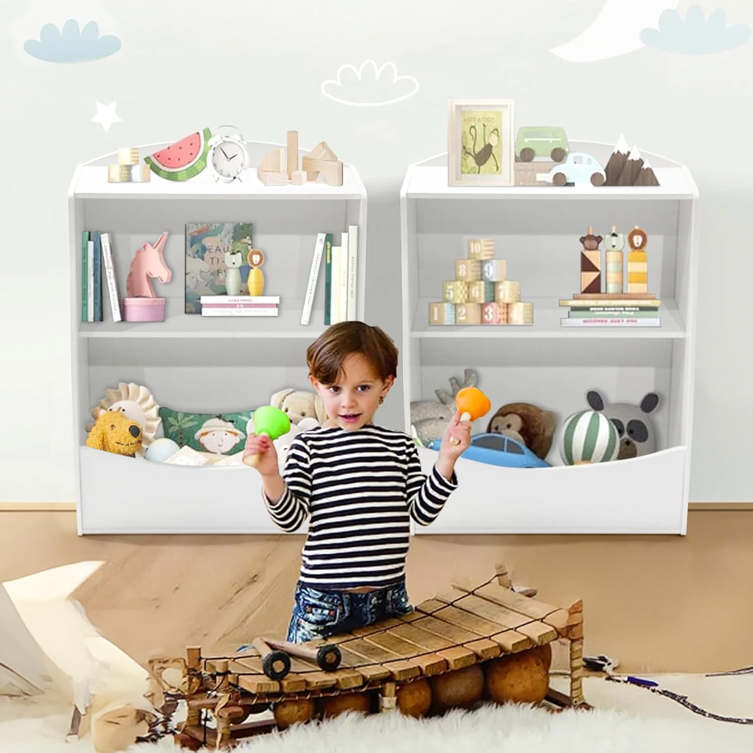 Kids Bookshelf, Toy Storage Organizer, Children's Toy Shelf, Toy Storage Cabinet, Fit for Children's Room, Playroom, Hallway, Kindergarten, White