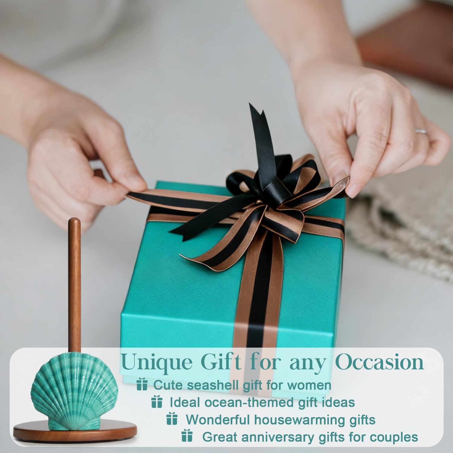 Seashell Paper Towel Holder - Teal Kitchen Beach House Decor Ocean Themed Decor Coastal Gifts for Women Cute Counter Paper Towel Holder Stand Wood Unique Funny Nautical Countertop Decorative Sea Shell
