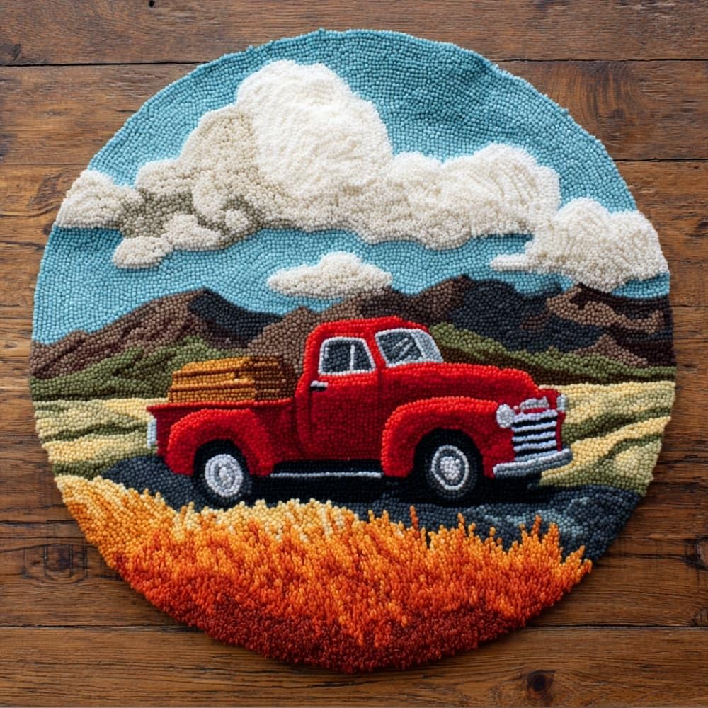 Round Latch Hook Rug Kits Farm Truck For Adults And Starter 50*50Cm