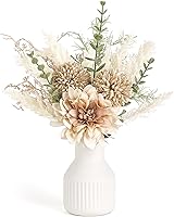 Mkono 13.5" Artificial Flowers in Ceramic Vase - Faux Dahlia Dandelion Bouquet for Coffee Table Centerpiece, Farmhouse Home Decor Brown