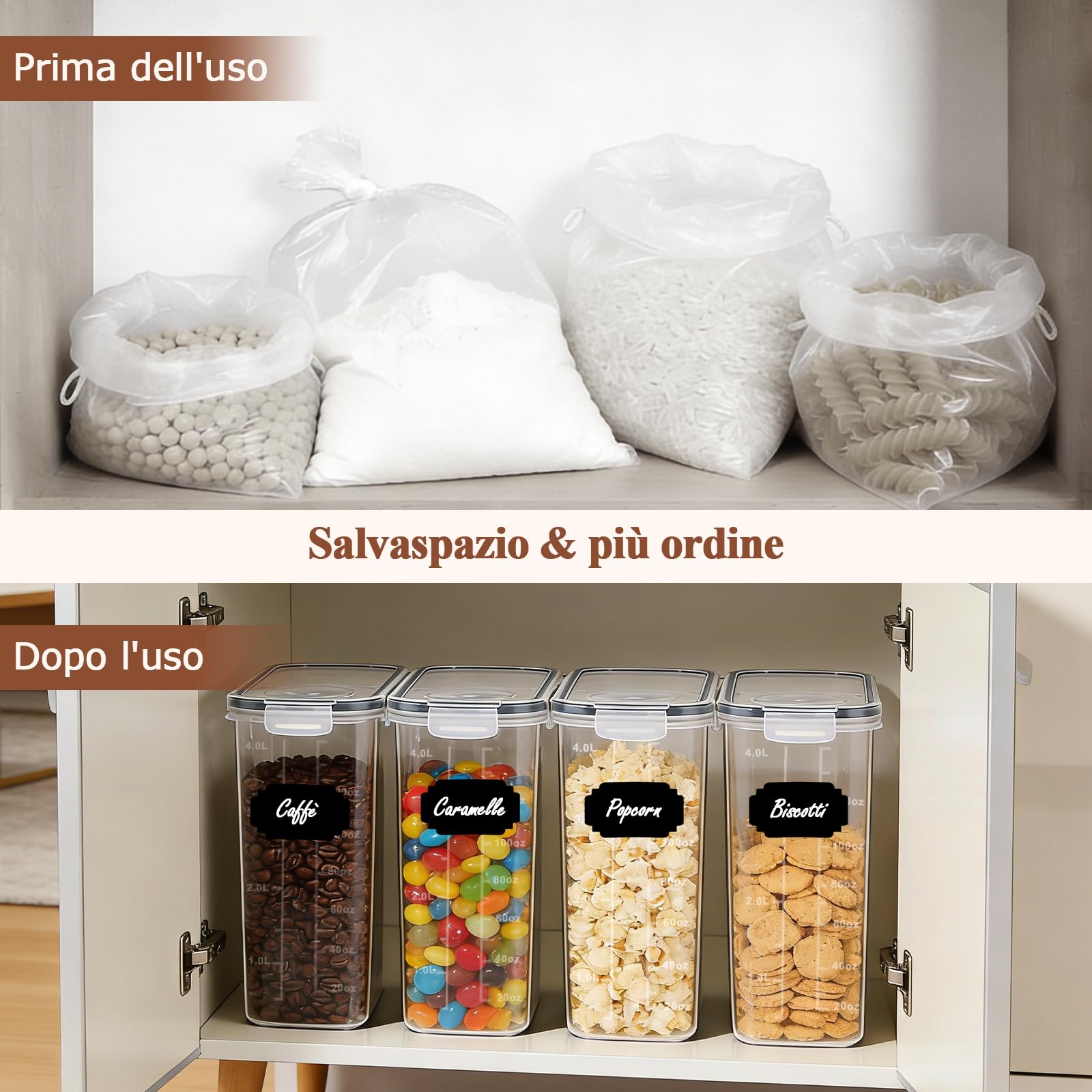 Contenitori Ermetici Alimentari con Coperchio 4L – Set da 4 Scatole di Conservazione per Cucina in Plastica, Ideale per Farina, Muesli, Cornflakes e Cereali, Include 8 Etichette e 1 Pennarello