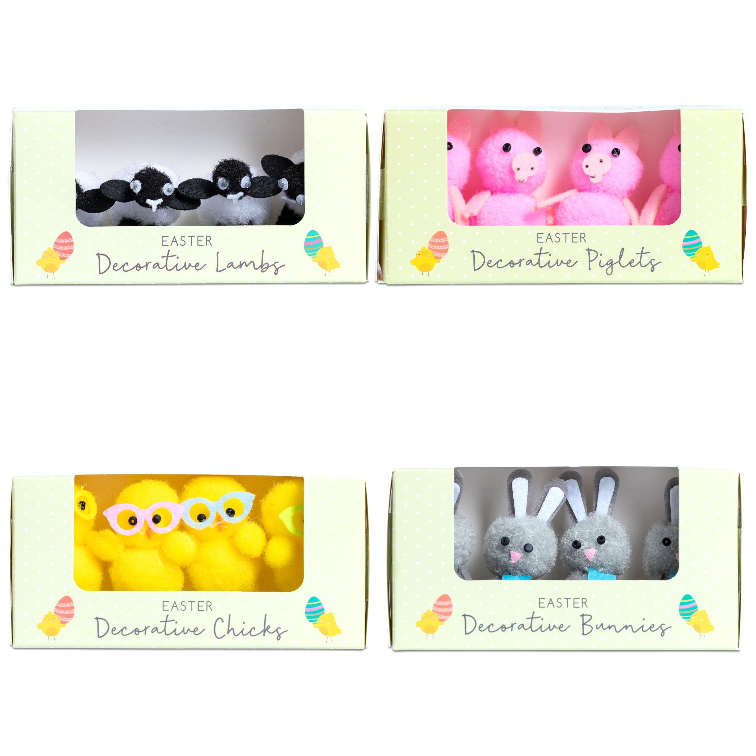 Evelay Yellow, Pink, Black, Gray 4X Boxes Of Easter Animal Ornaments Decorations Inlcudes Fluffy Bunnies Yellow Chicks Pigs & Lambs Mini Figurines For Bonnet Spring Accessories