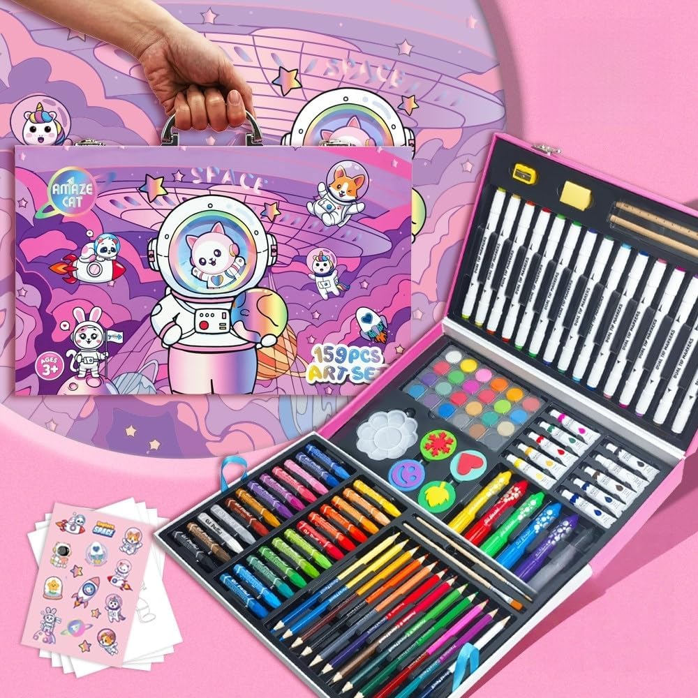 AmazeCat Art Supplies,159-Piece Deluxe Art Set,Drawing &Painting Kits for Kids,Gift Box for Adults Artists Kids Teens Girls Boys 4-12