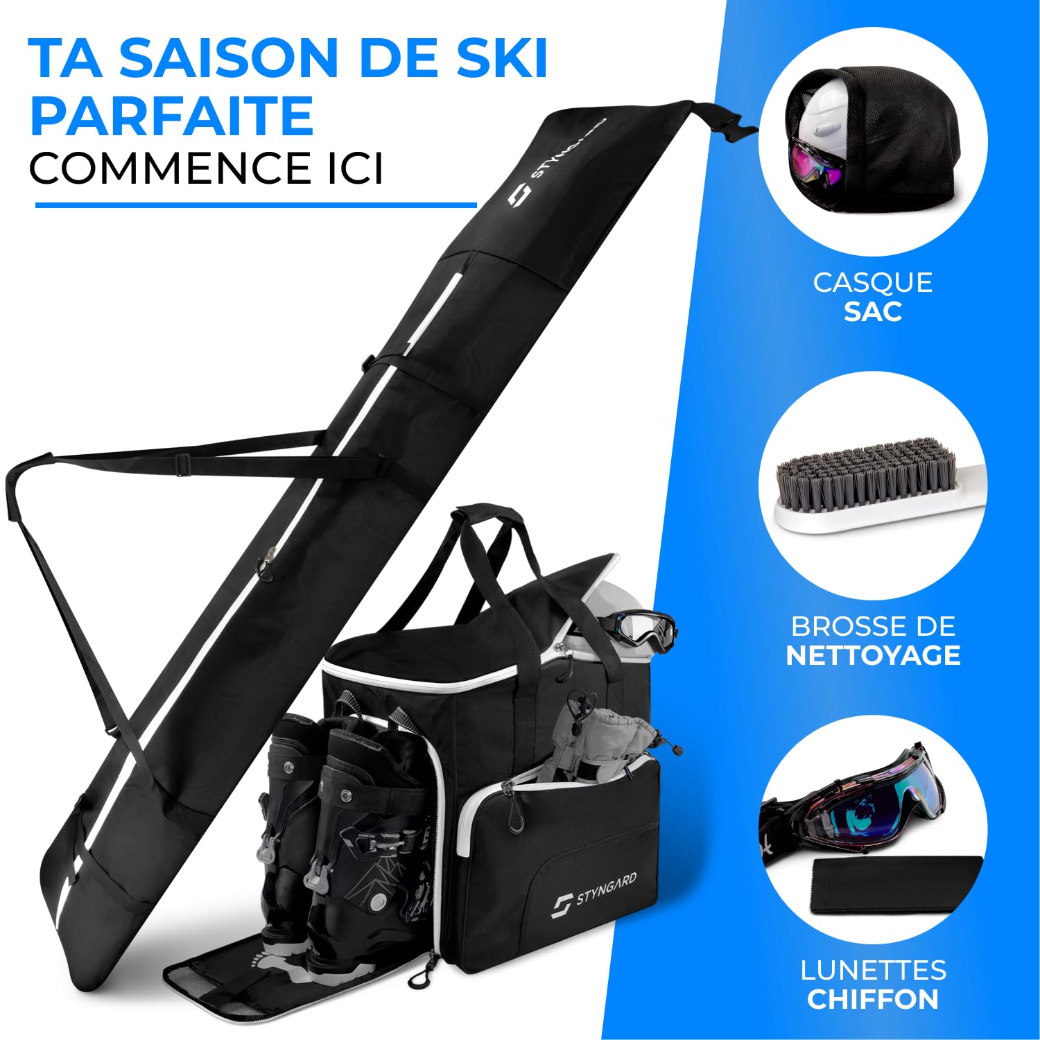STYNGARD Set Double Sac de Ski pour 2 Paires de Skis [140 cm à 200 cm] et Sac à Chaussures de Ski avec Compartiment pour Casque [54 L] Modèle Salzburg