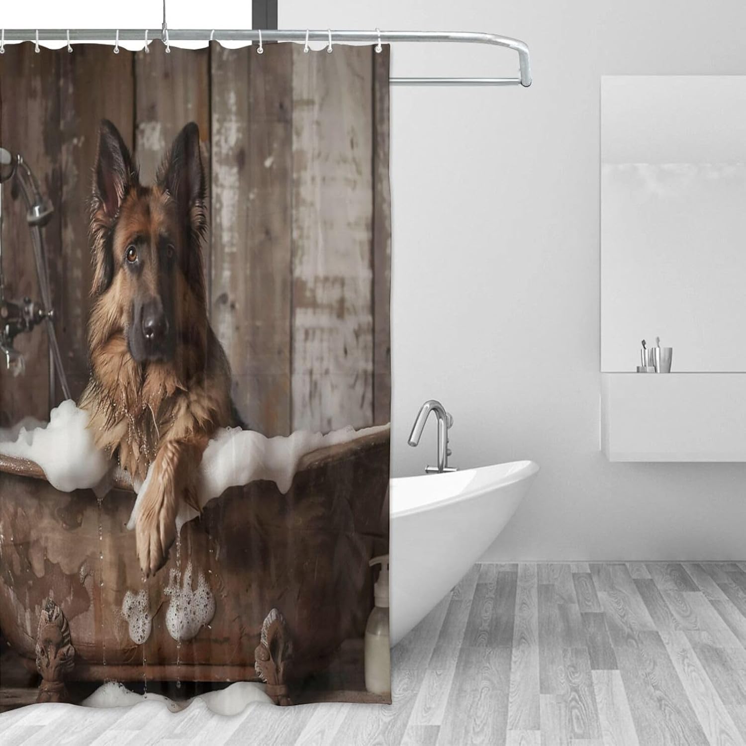 German Shepherd Taking a Bath Shower Curtain, Bath Curtain 72" W x 72" L for Bathroom Decor with Hooks