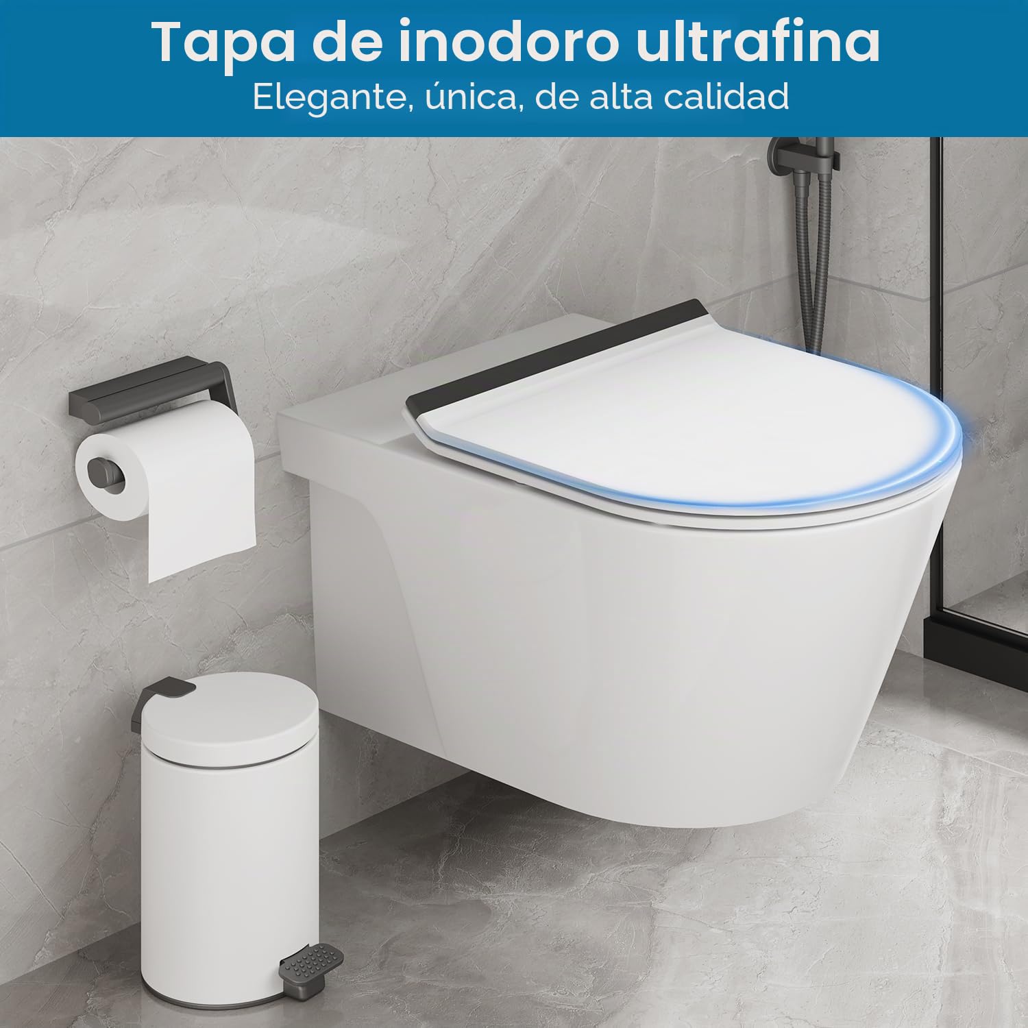 Tapa Wc Ultrafino Forma D Universal [COURT], Asiento de Inodoro de Cierre Suave con Liberación Rápida para una Fácil Limpieza, Blanco con ribete negro, 42,5 * 36,2 cm | Asiento de inodoro de liberación rápida con asa, fácil montaje, tamaño 427 × 364 mm, a