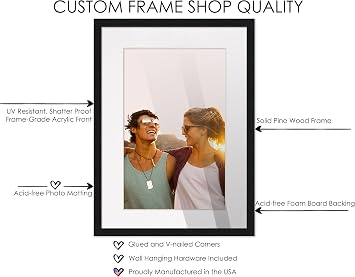 12x14 Black Wood Frame with White Mat | 14x16 Matted to 12x14 | UV Acrylic Shatter Guard, Foam Board Backing, Wall Hanging Hardware - Gallery Frame