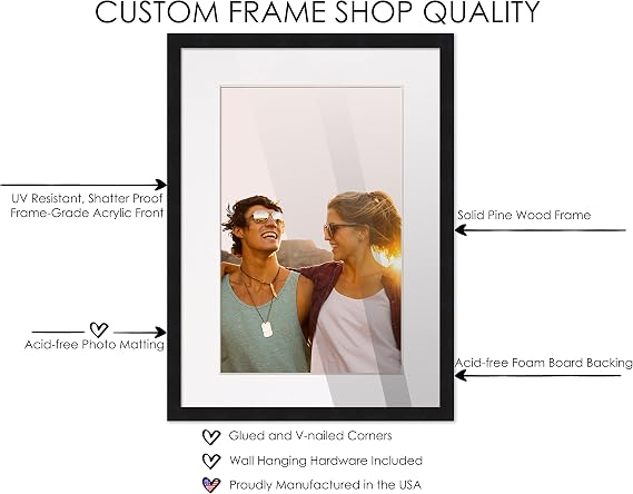 12x14 Black Wood Frame with White Mat | 14x16 Matted to 12x14 | UV Acrylic Shatter Guard, Foam Board Backing, Wall Hanging Hardware - Gallery Frame