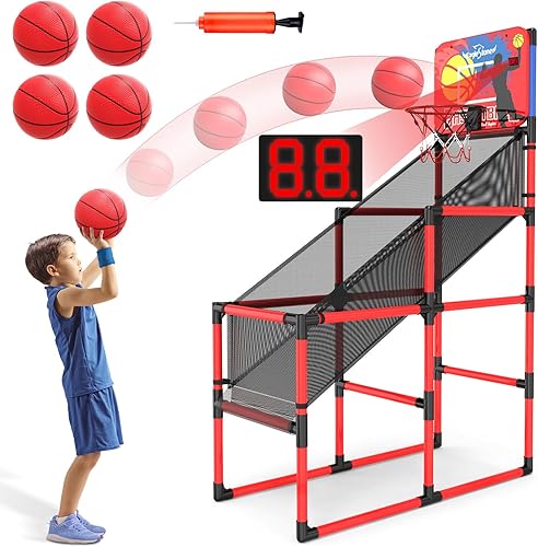 Juego de arcade de baloncesto para niños, con marcador electrónico, sonido de alegría, aro de baloncesto para interiores y exteriores con 4 bolas,