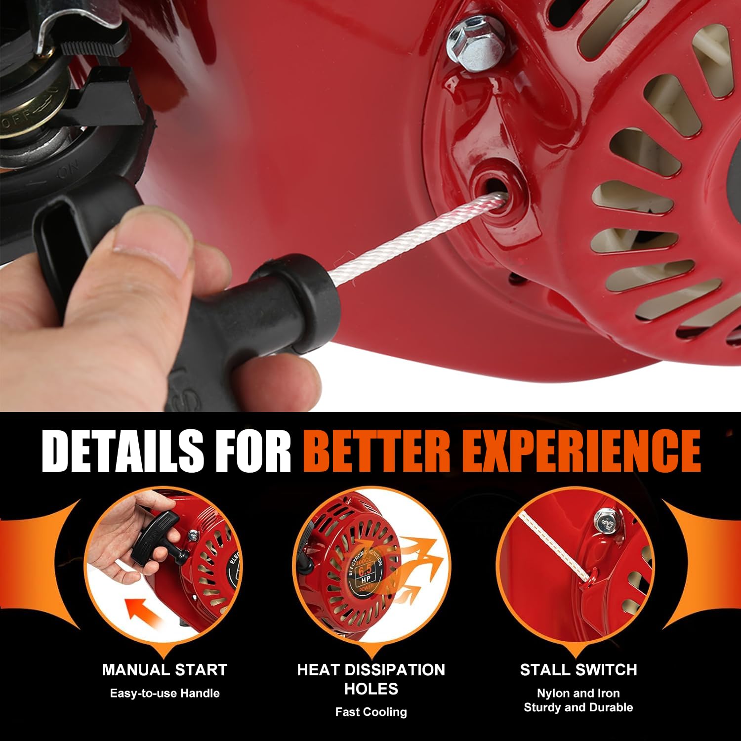 VOBOR Motore a benzina universale a 4 tempi, 168 F, motore a benzina 6,5 hp / 4,8 kw, rapida dissipazione del calore, Pull Start Ohv, motore a benzina con motore a 4 tempi 168 f (albero motore con