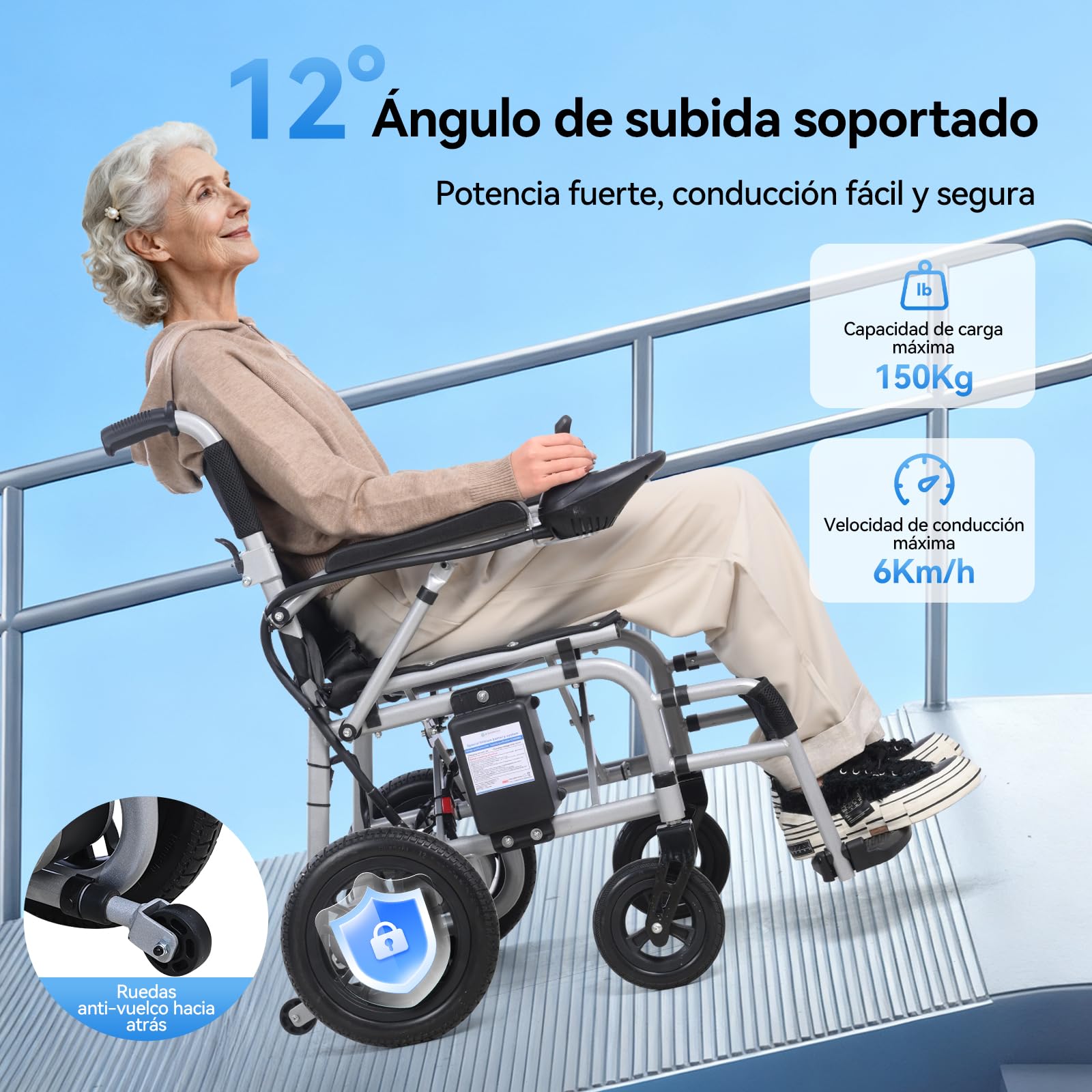 [Nuevo ] Silla de ruedas eléctrica plegable D12 para mayores, equipada con batería litio 12Ah, 20Km autonomía, neumáticos antipinchazos, estructura antivuelco, apta para transporte aéreo