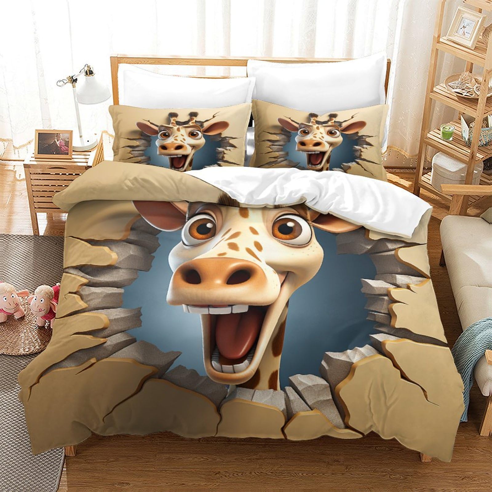P1S9U7W5Y Funny Cartoon 3D Printed Giraffe Duvet Cover Set 3 Pieces Microfiber Bedding Set for Adults Teens Bedroom Decor Breathable King（220x240cm）