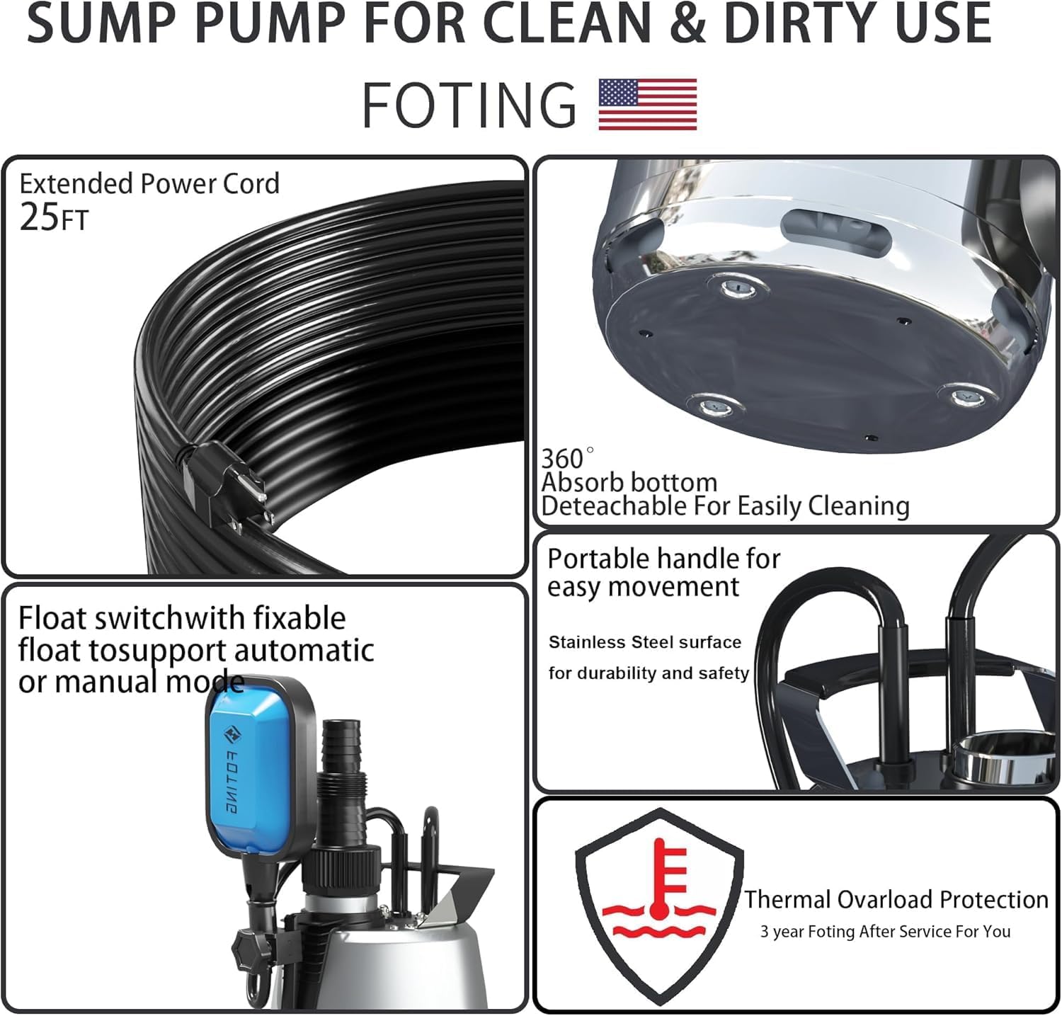FOTING Sump Pump 1HP Clean/Dirty Submersible Water Pump,4600GPH Utility Pump Thermoplastic Electric Portable Transfer Water Pump for Swimming Pool Pond Basement with 10ft Power Cord,Stainless Auto